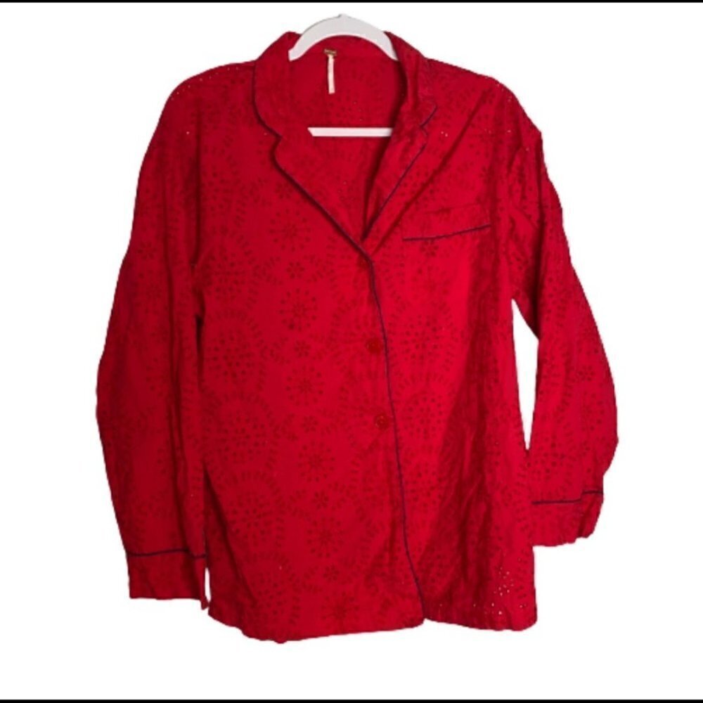 Free People Red Dream Together Eyelet Pajama Shirt